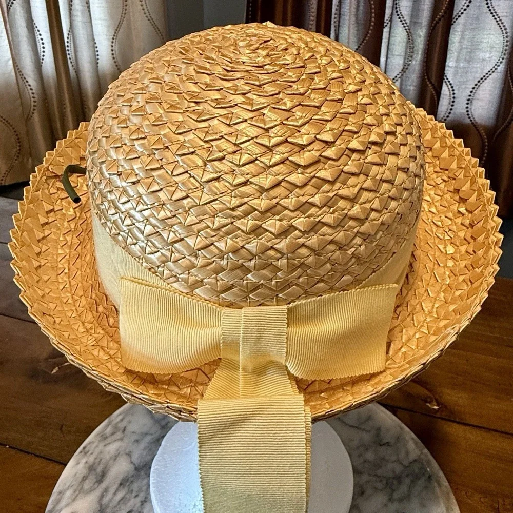 VTG 60s MCM Child Straw Hat Yellow Ribbon Floral Flower Girl